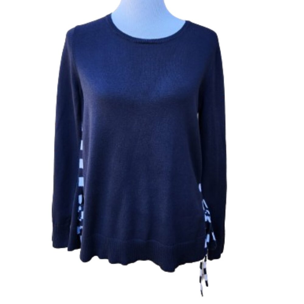 Crown & Ivy Dark Blue Sweater Side Stripes Tie Accent 100% Cotton